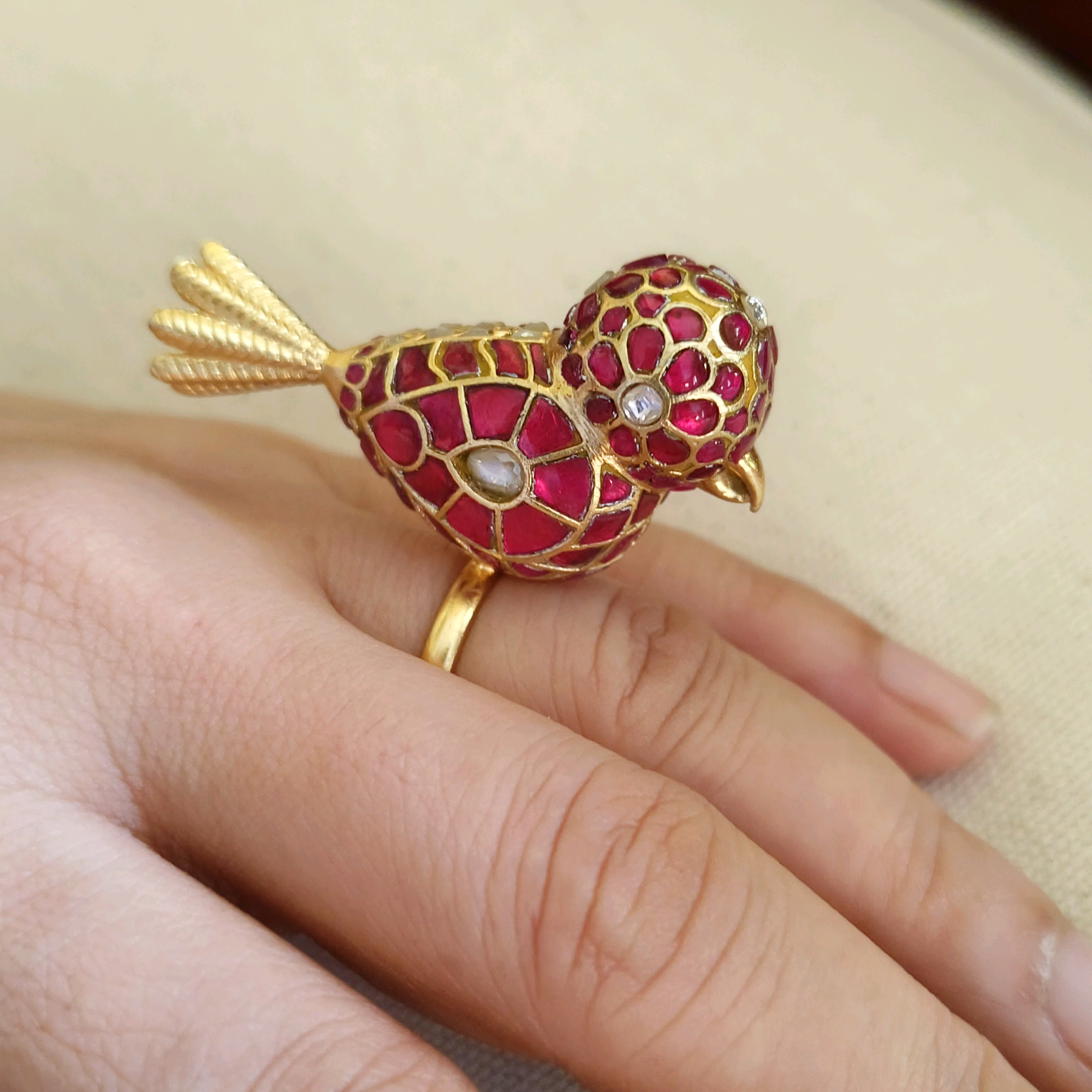 Pink kundan bird ring